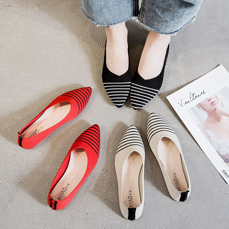 編まれた先の尖ったShoes Women Flats Shoesすべてのマッチの女性のなまけ者の女性を毎日平底